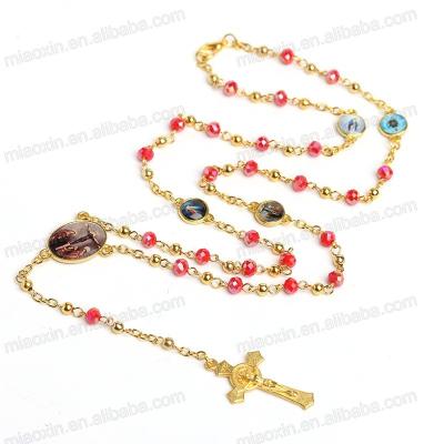 China Religious Gold Plated Stainless Steel Bead Chain Religious Christian Jesus Cross Virgin Mary Necklace Custom Rosary Necklace for sale