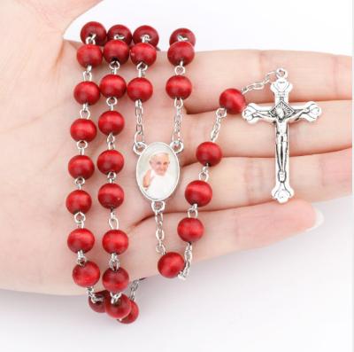 China Religious Hot Sale Wish Red Wooden Prayer Beads Necklaces With Madonna INRI Bishop Rosary Cross Charm Necklaces for sale