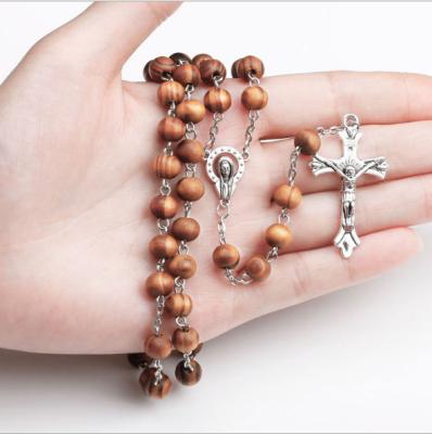 China Religious Hot Sale Catholic Wooden Beads Rosary Necklaces With Our Lady Corss Charm Prayer Bead Necklaces for sale