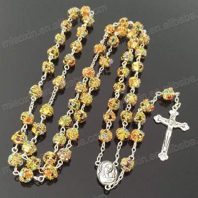 China Religious Multi Color Crystal Diamond Beads Rosary With Maria Hold Woman Christian Rosaries Necklace for sale