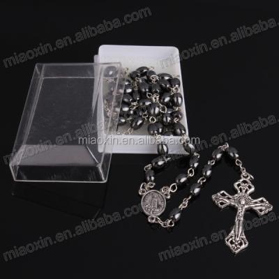 China Nest Style Religious Anniversary Jesus Cross Christian Religious Black Hematite Rosary Chain Necklace With Box for sale