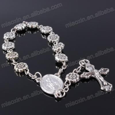 China Hotsale Zinc Flower Alloy Religious Rosary Beads Bracelets, Catholic Jewelry Charm Bracelet for sale