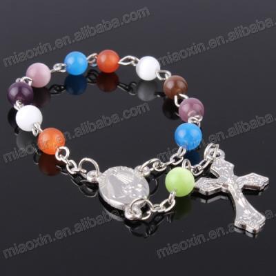 China Religious 6MM mixed color faux pearl gemstone rosary bracelet with lobster clasp at the end, to Madame de Pur de Medjugorje center and Benedict cross for sale