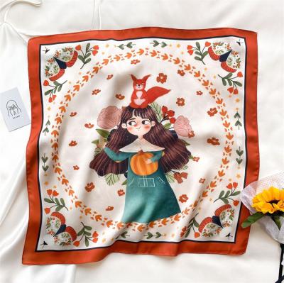 China Designers 55x55cm New Designer BOOOGE Print Little Girl Chiffon Silk Scarves Luxury Little Girl Print Head Hair Square Satin Silk Scarf for sale