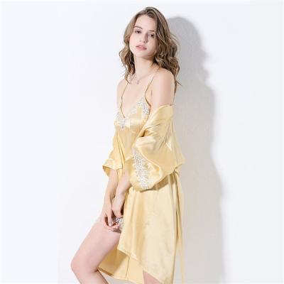 China BOOOGE Luxury High Quality Silky 100% Silk Pajamas Breathable Set Slip Dress Women Yellow Mulbery Silk Pajamas for sale