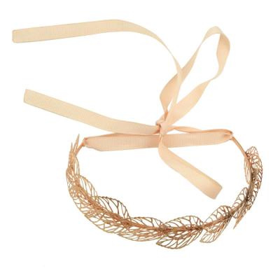 China Trendy Headband Fashion Rose Hollow Gold Metal Leaves Headband Hair Band With Metallic Grosgrain Ribbon Hair Accessories For Women 6504 for sale