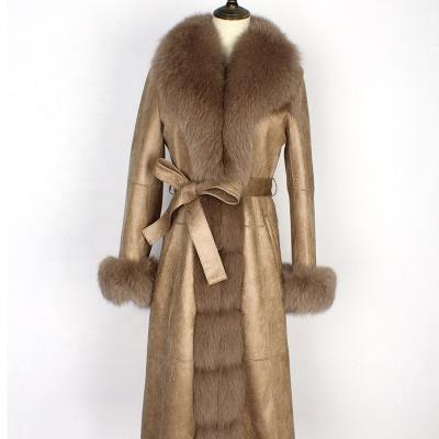 China Sustainable newcomer x long genuine fur collar belted stylish women leather jackets with real fox fur for sale