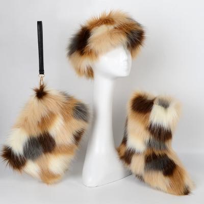 China Lit Fur Boots 2020 With Bag Winter Shoes Ladies Faux Fur Headband And Boots Matching Hairy Fur Purse Boots For Women for sale