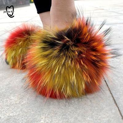 China Lightweight custom slippers slides full slides raccoon fur fox fur slippers wholesale for women with logo for sale