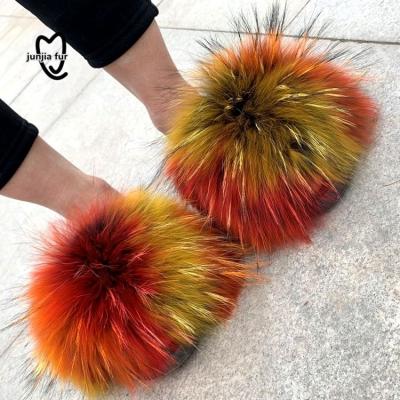 China Lightweight Wholesale Raccoon Fur Slippers Raccoon Fur Slides With Logo for sale