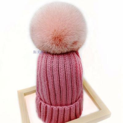 China Plush Hat Knitted Winter Beanie Hats Hand Knitted Knitted Hat Fur Ball for sale