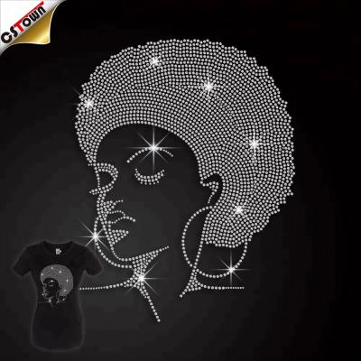 China Fashion Hot Sale Afro Girl Flatback Bling Crystal Iron On Hotfix Rhinestone Stones Transfer for sale