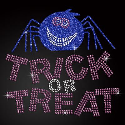 China Custom Bling Halloween Trick or Treat With Smiling Spider Glitter Rhinestone Iron On Iron On Transfer For Apparel for sale