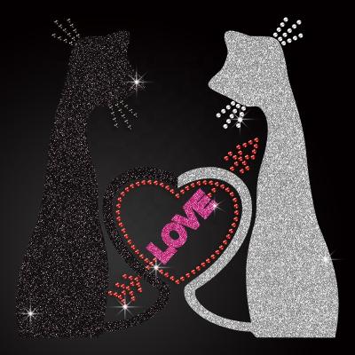 China Low Moq Bling Iron On Cats Love Rhinestone Design Heat Transfer Pattern Rhinestone Decal For Clothing for sale