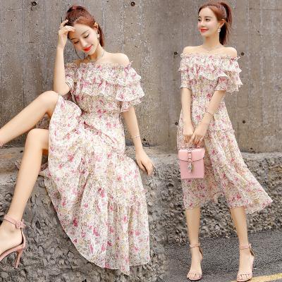 China 2022 New Summer New Summer One-Shoulder Floral Chiffon Dress Long Length Beach Holiday Middle Dress Washable for sale