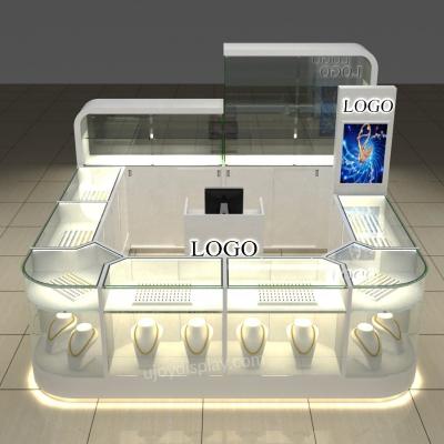 China Luxury Small Kiosk 10x10 Feet Mall Jewelry Kiosk For Ring Diamond Display Curved Jewelry Mall Kiosk for sale