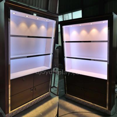 China Modern Tall Fashion Jewelry Cabinet With Glass Shelves Wood Veneer Wall Cabinet With Stainless Steel Frame for sale