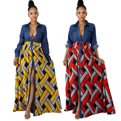 China New Arrival Dry Cleaning Plus Size Women Long Dress Plaid Print Denim Dress for sale