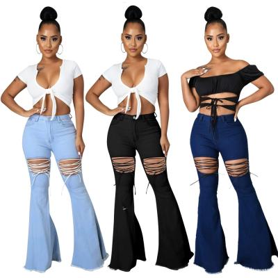 China New Breathable High Quality Women Jeans Solid Color Jeans Pants Casual Washed Denim Flare Pants With Straps for sale