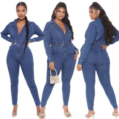 China 2021 New Women's High Quality Anti-static Denim Romper Long Sleeve V-Neckline Jean Jumpsuit for sale