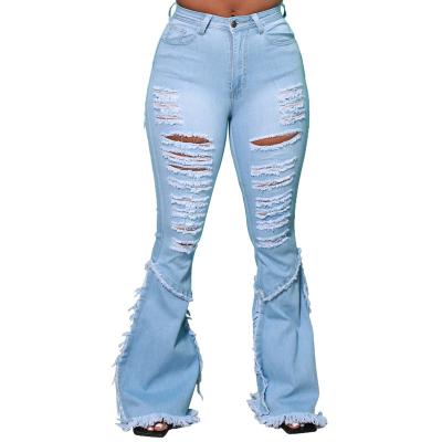 China BH06 high quality stretch bootcut QUICK DRY tailored clothes soft ripped denim tall bell bottom pants high waist distressed women flare jeans for sale