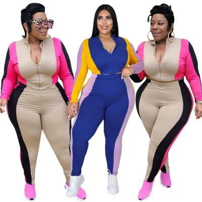 China Autumn Viable Clothing For Women Casual Stitching Long Sleeve Zipper Top And Pant Suit Plus Size for sale