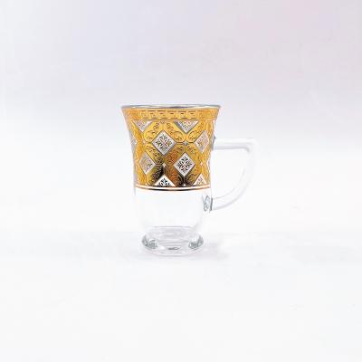 China Viable Personalized 6 Clear Glass Tea Cups Set With Luxury Arabic Design In Gold Color for sale