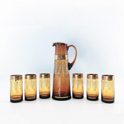 China Sustainable Traditional Middle East 7 Pcs Glass Jar Set And 6 Cups For Water And Juice for sale