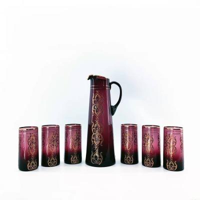 China Sustainable handmade water set with 1 pot and 6 cups with real gold decoration glassware Bohemian pot for sale