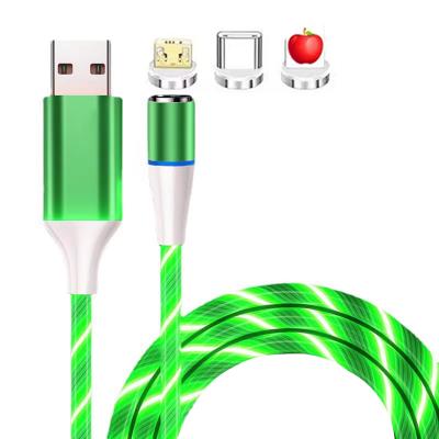 China For iPhone Android Type C 3A LED Fast Charging Flow Line 3 in 1 Magnetic Charger Cable Mirc/USB C/8pin Data Cable for sale