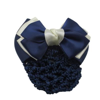 China 100% Polyester Print Satin Women's White Bun Cover Net Bowknot Decor Barrette Hair Clip for sale