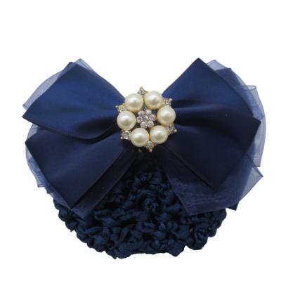 China 100% Polyester Print Satin Women's Bun Cover Navy Blue Bowknot Decor Barrette Net Hair Clip for sale