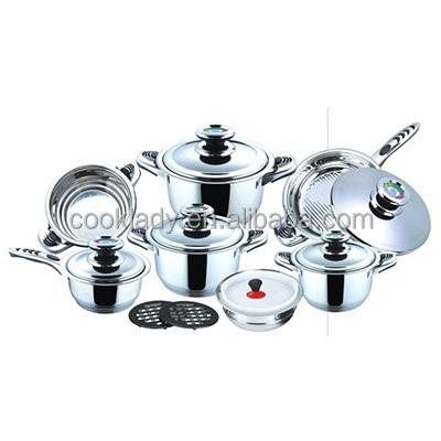 China Sustainable low cost high quality 16pcs wide edge cookware set with thermometer, LFGB certification cookware for sale