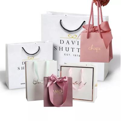 China China Recyclable Competitive Price Brand Logo Luxury Jewelry Boutique Shopping Elegant Logo White Paper Gift Customized Bags With Ribbon Handles for sale