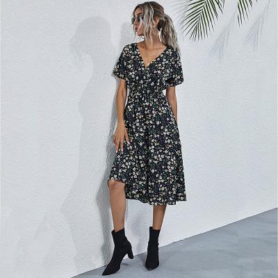 China 2022 Anti-static Floral Print Square Collar Dresses New Summer Ruffle Sleeve Slit Midi Women's Slim Chiffon Dress for sale