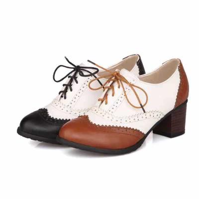 China Curvy Women Block Heel Salmon Oxford Shoes Vintage Lace Up Chunky Stacked Heel Saddle Shoes for sale