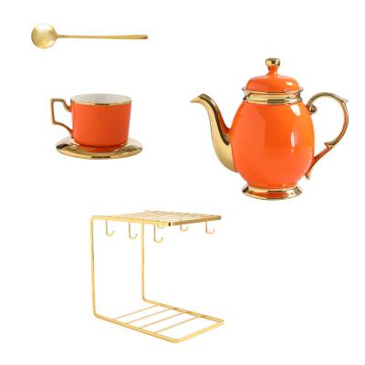 China High Quality Sustainable Dinnerware Set Gold Cup And Saucer With Stand Spoon Europe Coffee Cup Ceramic Teapot Set Ceramic for sale