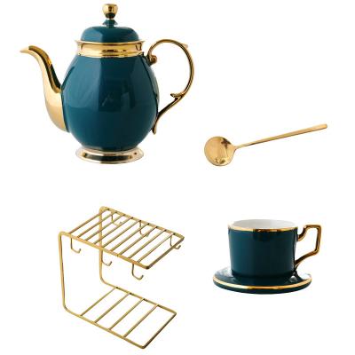 China High Quality Viable Luxury Ceramic Tea Set Coffee Cup Gold Afternoon Tea Cup Home Saucer Sets With Gold Spoon Metal Frame for sale