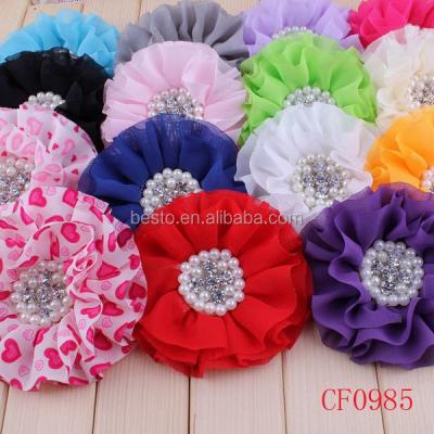 China Chiffon Flower Fashion Baby Hair Flower Accessories, Centerpiece Pearl Chiffon Flower Hair Accessory for sale