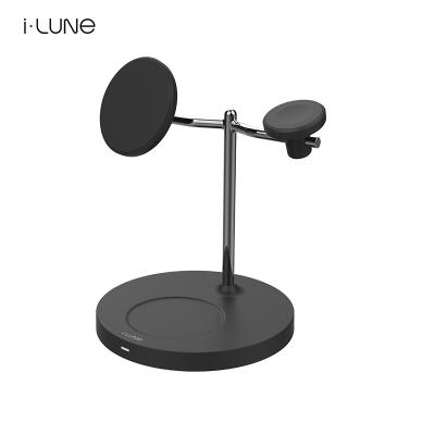 China Multifunctional Qi MOON Magsafing Earphone Charger 3in1 23w Fast Wireless Stand Holder Station for iPhone Watch and Radio Earbuds for sale