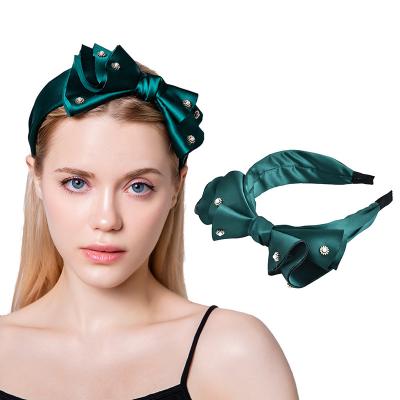 China Fashion Luxury Solid Color Satin Hair Accessories Bead Bowknot Headband For Women for sale