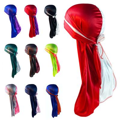 China Wholesale Hot Sale Hip Hop Silky Durags Headwear Custom Long Tail Designer Headwraps Silk Custom Colored Durags For Men for sale