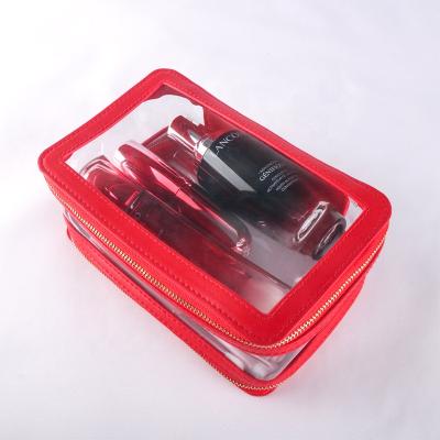 China Normcore / Transparent Red Portable Zipper Cosmetic Bags Minimalist Double Layer For Lady for sale