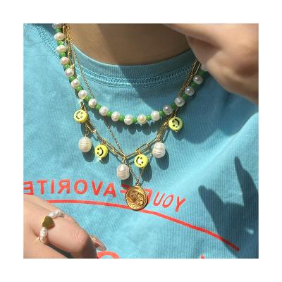 China 2022 Fashion Summer TRENDY INS Dubai Freshwater Pearl With Smile Necklace 316L Stainless Steel Pendant Chain Necklace For Woman for sale