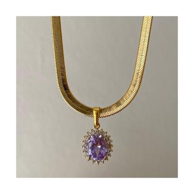 China 2022 Trendy New Dubai Statistical Institute Style Purple Oval Snake Chain 18k Gold Plated Snake Chain Diamond Pendant Zircon Necklace Vintage Jewelry for sale