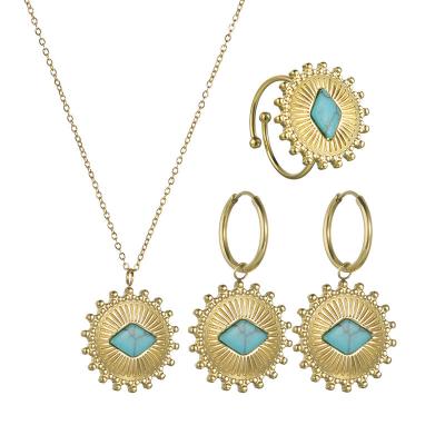 China 18K Sun Totem Blue Turquoise Necklace Stone Earring Plated New Dubai Jewelry Stainless Steel Gold Vintage Bohemia Rings Jewelry Set for sale