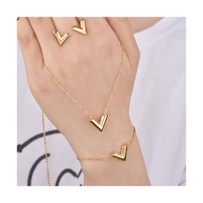 China 2022 CLASSIC Dubai Stainless Steel High Quality 18K Gold Silver Plated Necklace Earring V Rings Charm Simple Style Jewelry Set for sale