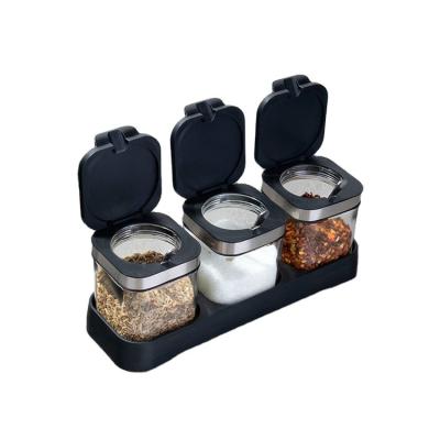 China Amazon 3pcs Freshness Preservation in Set Glass Spice Jar Seasoning Containers with 304 Stainless Steel Lids and Spoons Clear Condiment Glass Canisters for sale