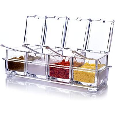 China Freshness Preservation Amazon Kitchen Box Transparent Four-Grid PS Seasoning Material Seasoning Box Four-in-one The Belt Spoon Seasoning Jar Set for sale