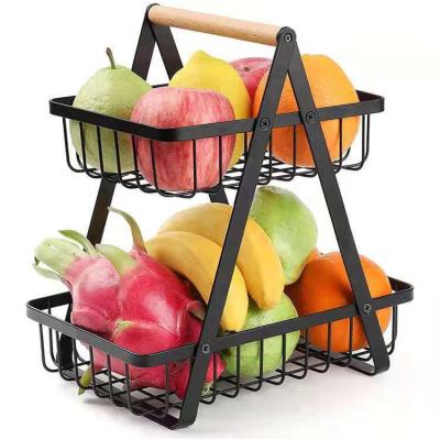 China Nordic Style 2-Tier Countertop Fruit Basket Bread Basket Fruit Basket Ins Vegetable Rack For Kitchen Storage Rust Resistance With Wooden Handle for sale